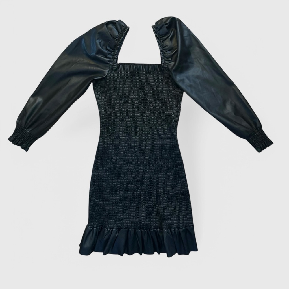 7 For All Mankind I Faux Leather Smocked Ruffle Trim Mini Dress Black Small